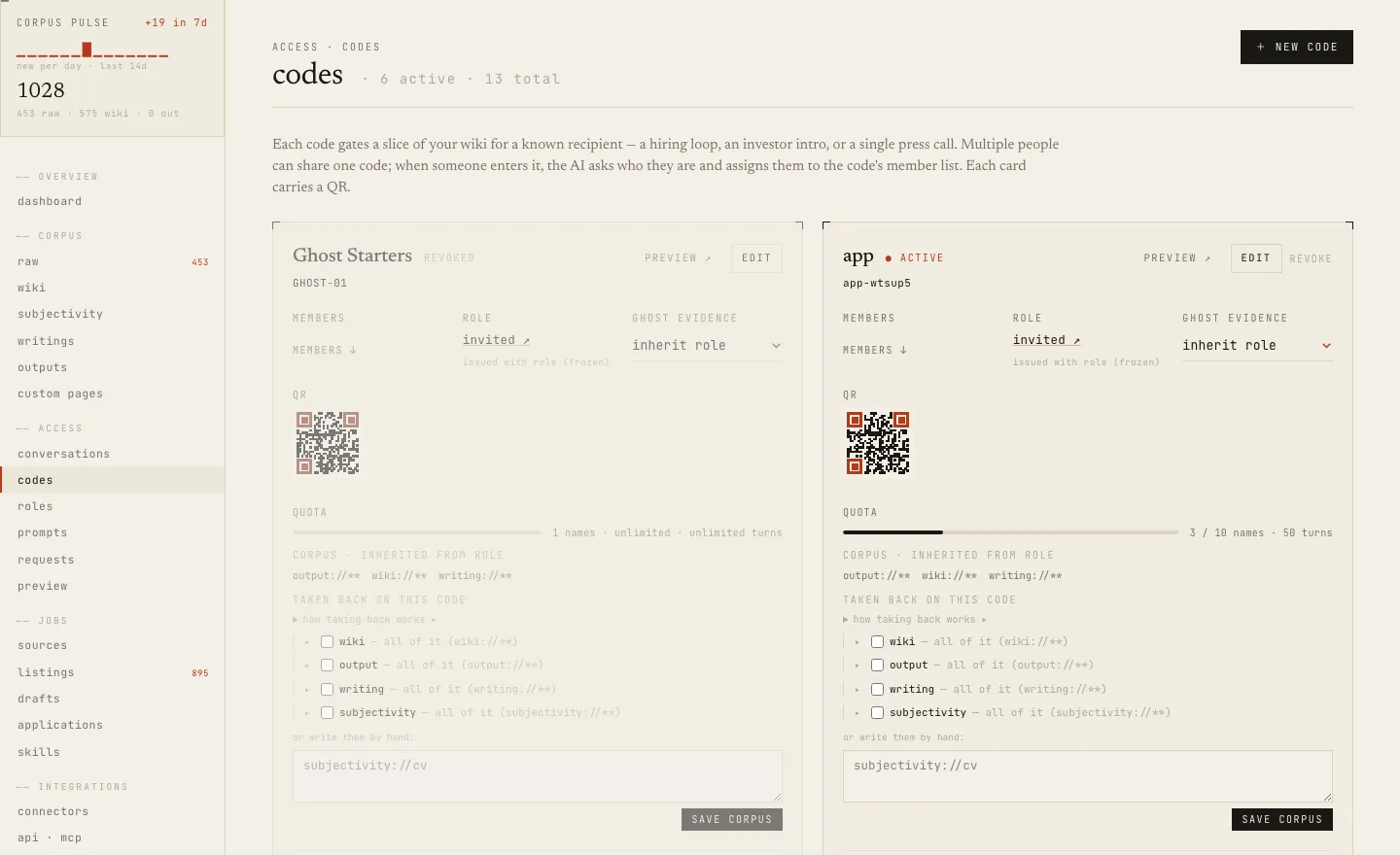 The StandMeet admin access-codes page with QR codes, quotas and corpus scopes