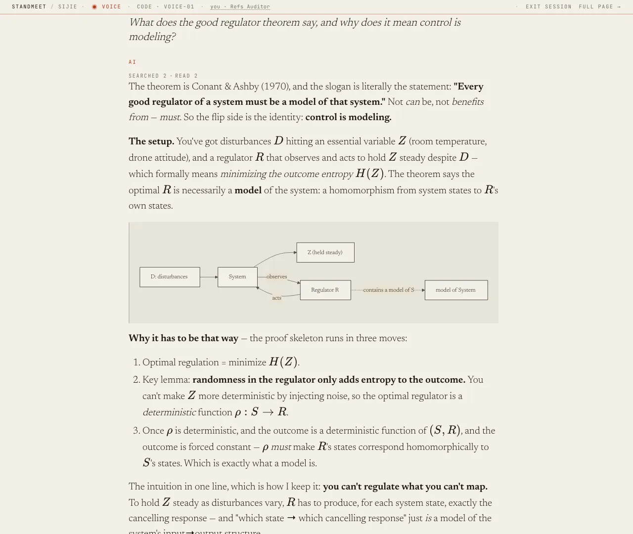 A StandMeet visitor conversation: a question about the good regulator theorem answered with formulas and a diagram